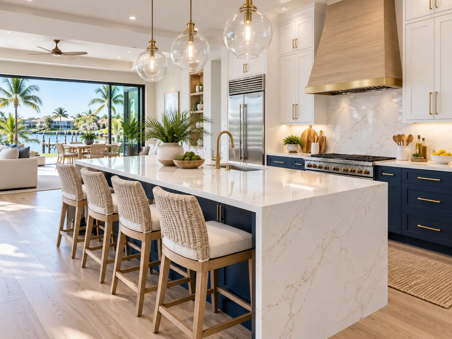 Navy blue kitchen cabinetry with white quartz countertops and brass hardware