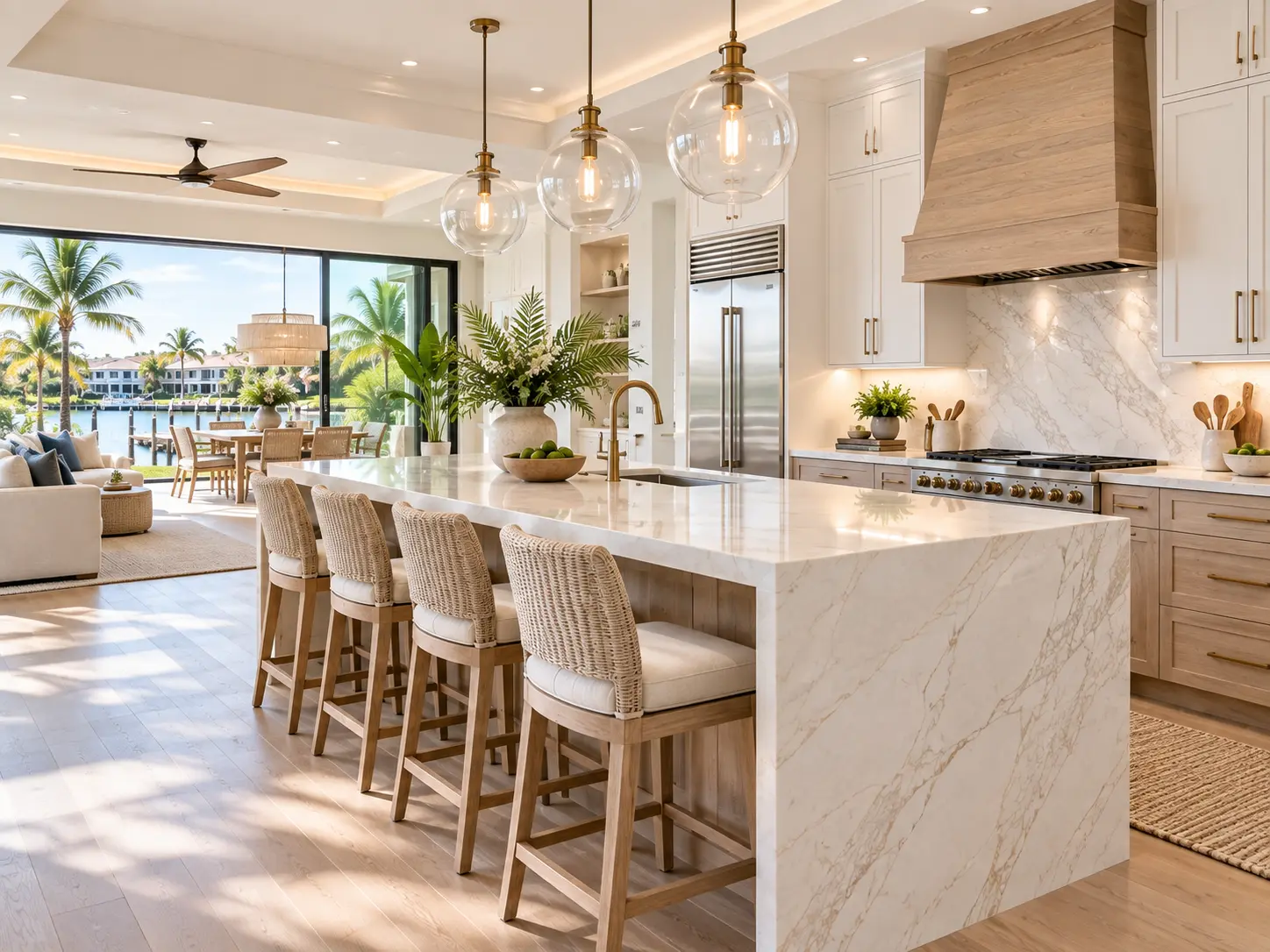 Luxury Southwest Florida kitchen with wood hood, marble backsplash and oversized quartz island