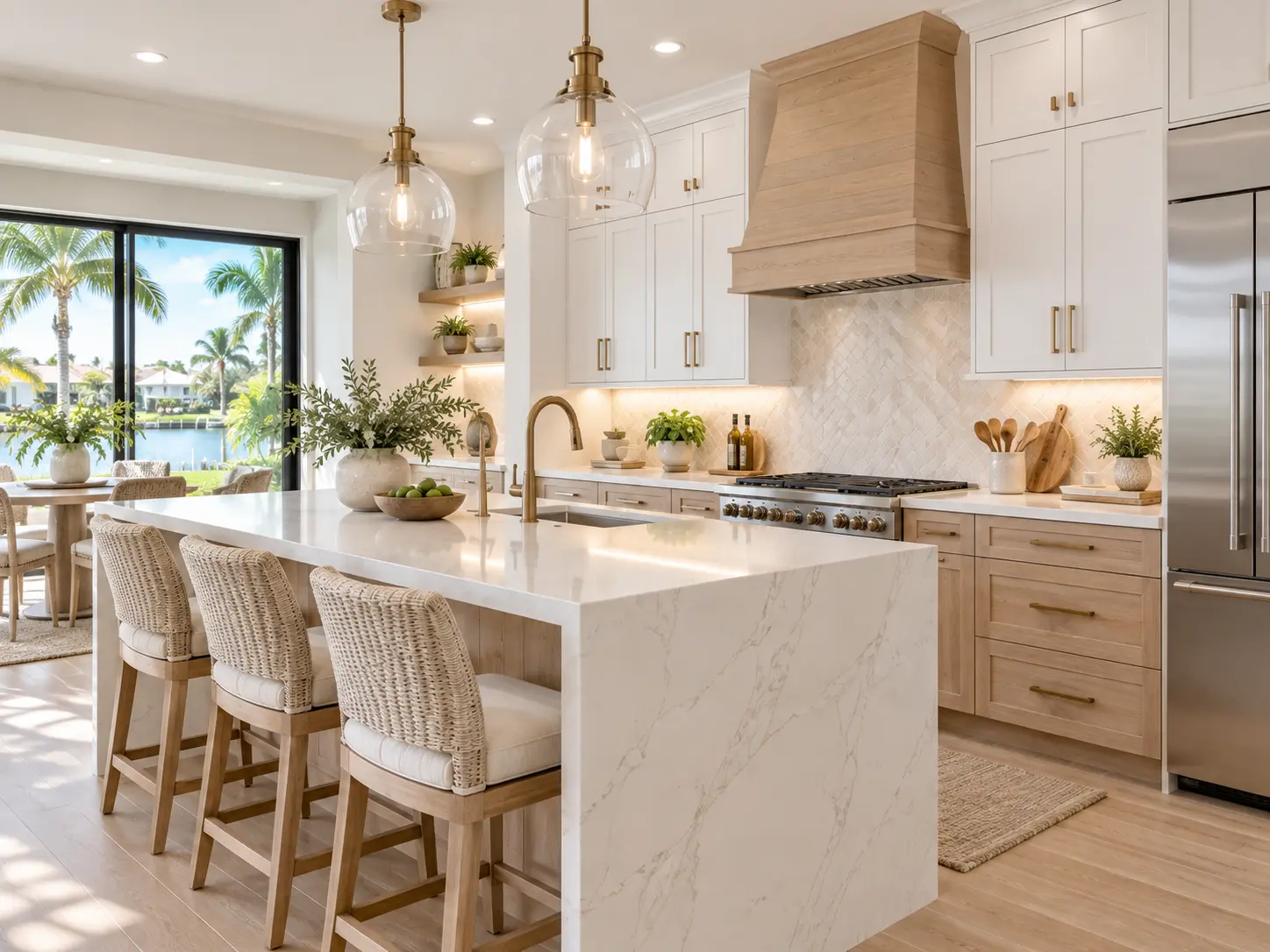 Bright transitional kitchen with light oak base cabinets and white upper cabinets