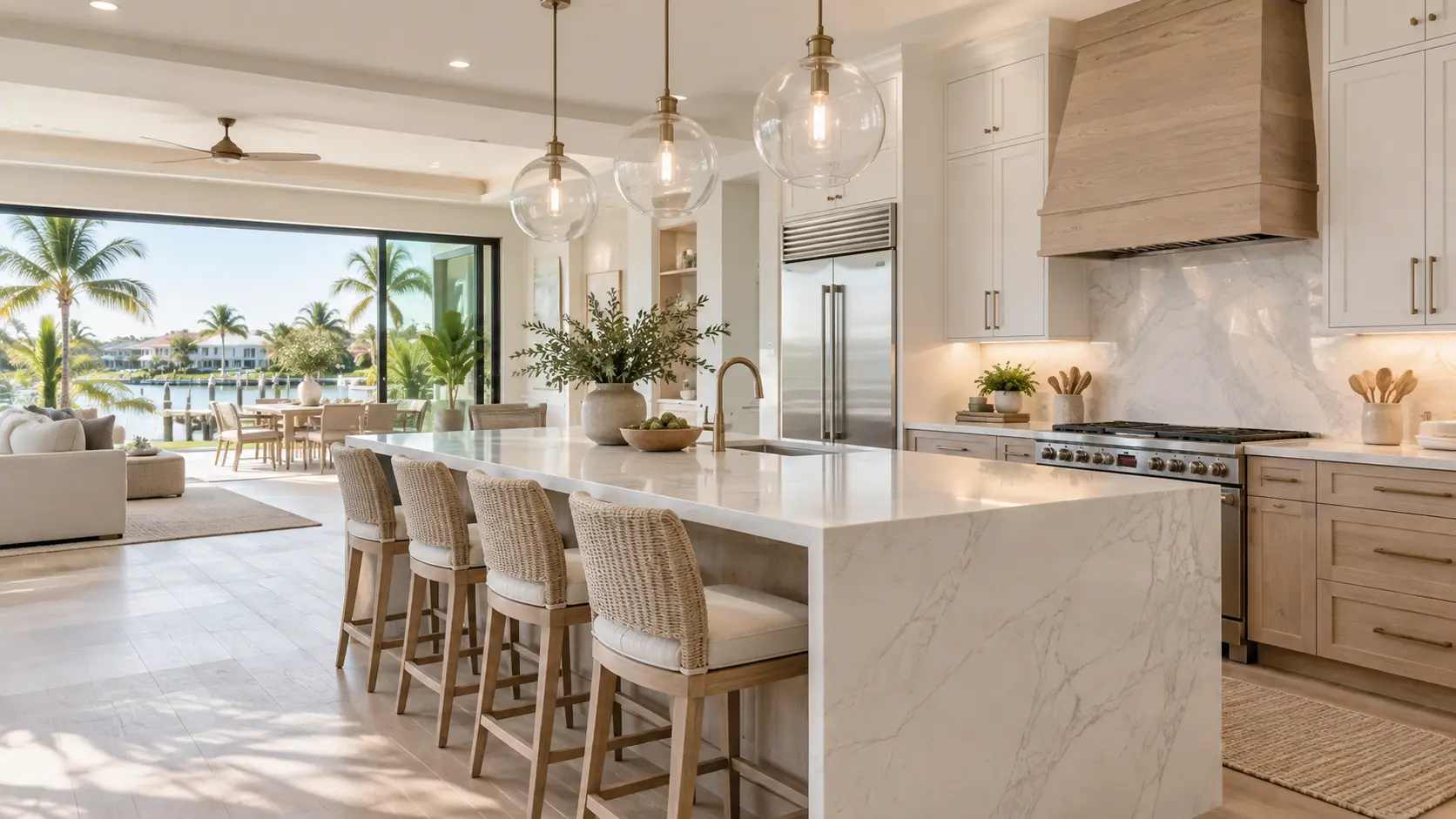 Coastal contemporary Fort Myers kitchen with a quartz waterfall island, light oak cabinetry and sliding glass doors to a waterfront view