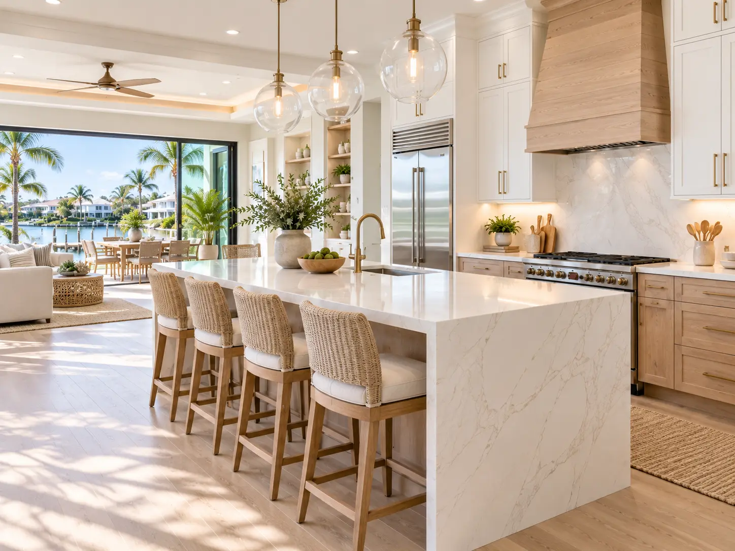 Coastal contemporary Fort Myers kitchen with quartz waterfall island and wicker counter stools
